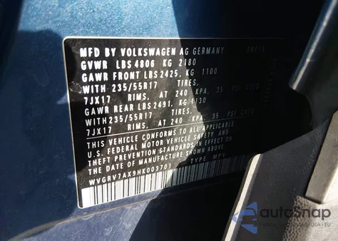 2017 Volkswagen Tiguan 2.0T Wolfsburg Edition из США, поврежденный, VIN WVGRV7AX9HK003701